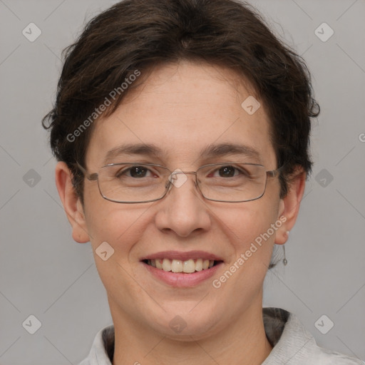 Joyful white adult female with short  brown hair and brown eyes