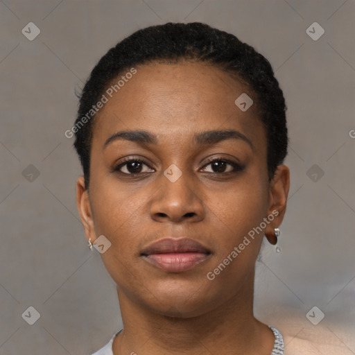 Neutral black young-adult female with short  black hair and brown eyes