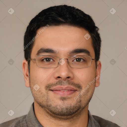 Joyful latino young-adult male with short  black hair and brown eyes