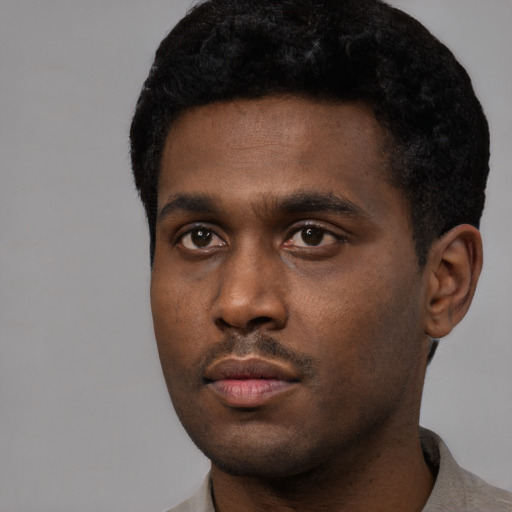 Neutral black young-adult male with short  black hair and brown eyes