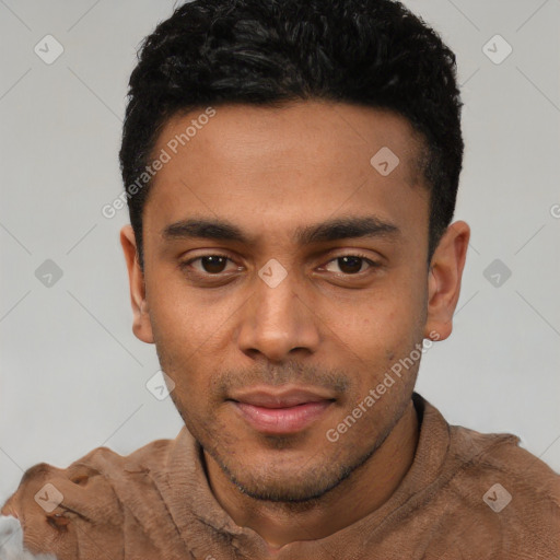 Neutral latino young-adult male with short  black hair and brown eyes