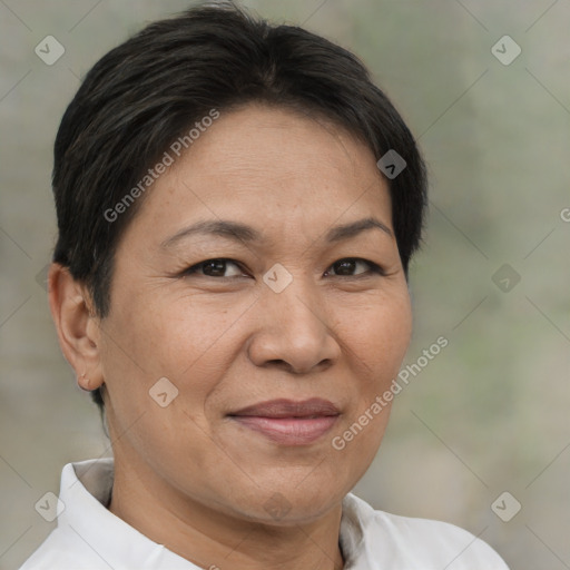 Joyful white adult female with short  brown hair and brown eyes