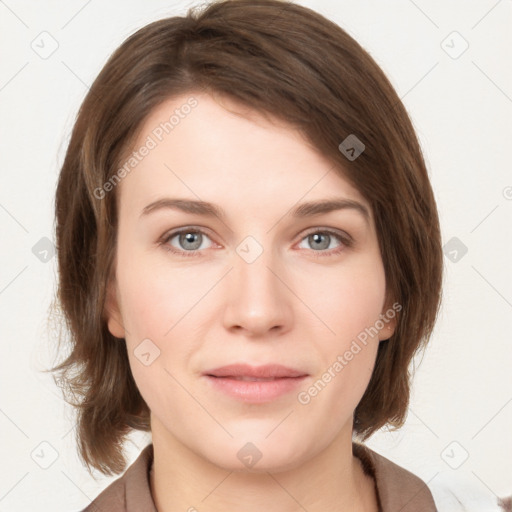 Neutral white young-adult female with medium  brown hair and grey eyes