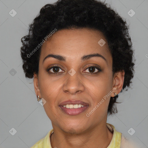 Joyful latino young-adult female with short  brown hair and brown eyes