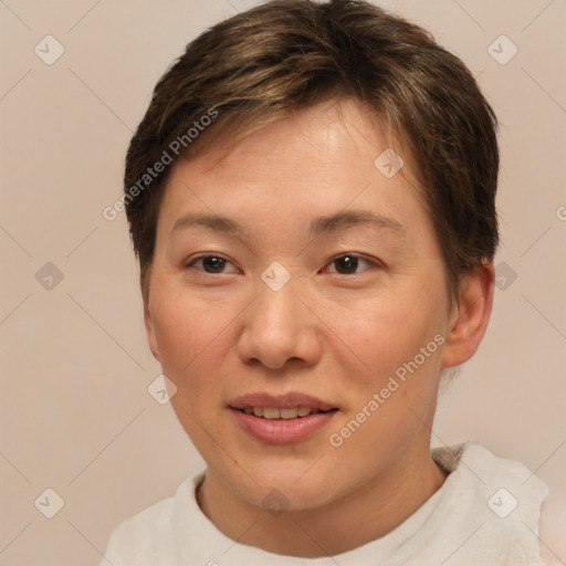 Joyful white young-adult female with short  brown hair and brown eyes