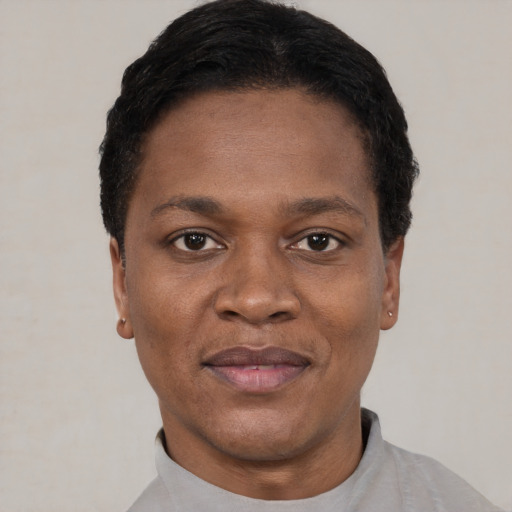 Joyful black young-adult female with short  black hair and brown eyes