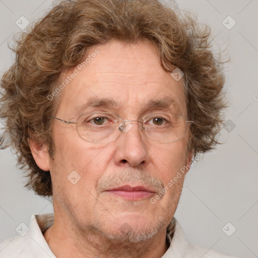 Joyful white middle-aged male with short  brown hair and brown eyes