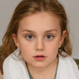 Neutral white child female with medium  brown hair and blue eyes