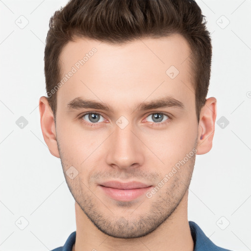 Neutral white young-adult male with short  brown hair and brown eyes