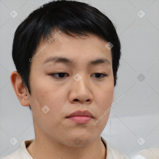 Neutral asian young-adult male with short  brown hair and brown eyes