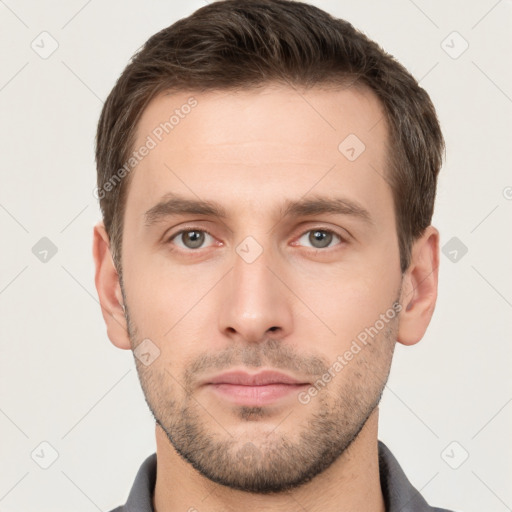 Neutral white young-adult male with short  brown hair and grey eyes