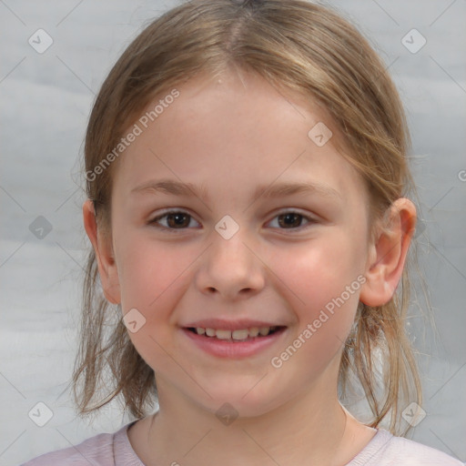 Joyful white child female with medium  brown hair and brown eyes