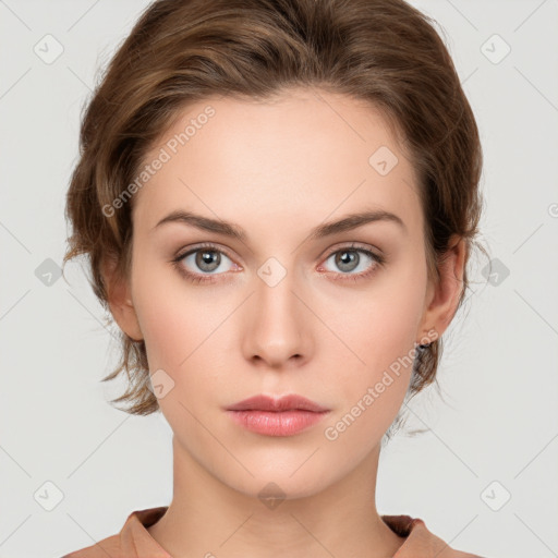 Neutral white young-adult female with medium  brown hair and grey eyes