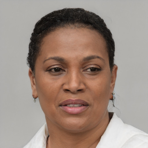 Joyful latino adult female with short  brown hair and brown eyes