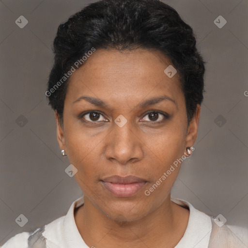 Neutral black young-adult female with short  black hair and brown eyes