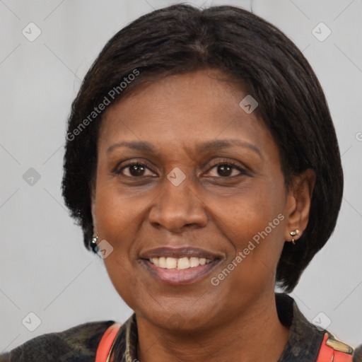 Joyful latino adult female with medium  brown hair and brown eyes