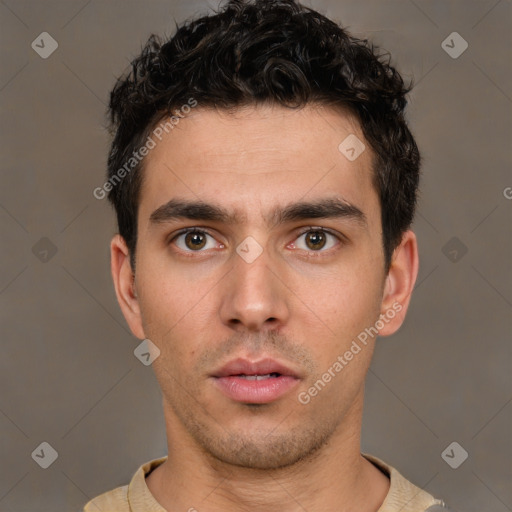 Neutral white young-adult male with short  brown hair and brown eyes