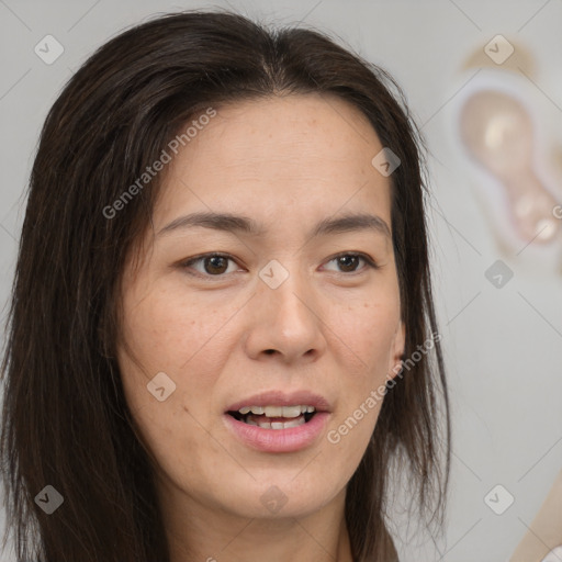 Joyful white young-adult female with medium  brown hair and brown eyes