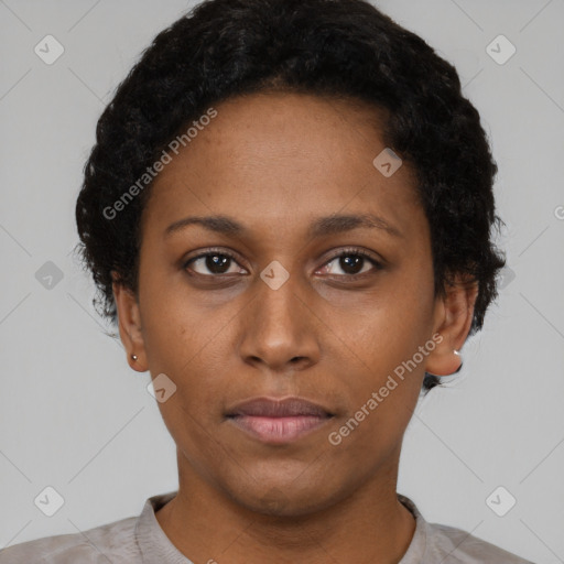 Neutral latino young-adult female with short  brown hair and brown eyes
