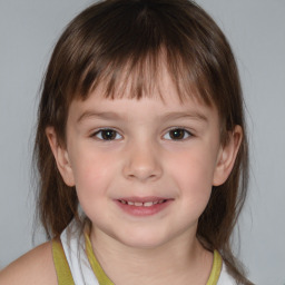 Joyful white child female with medium  brown hair and brown eyes