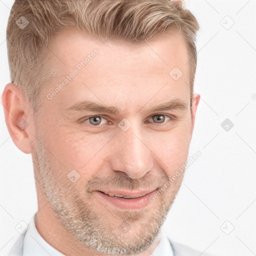 Joyful white adult male with short  brown hair and brown eyes