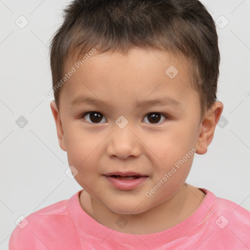 Joyful white child male with short  brown hair and brown eyes