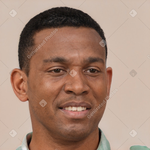 Joyful latino young-adult male with short  brown hair and brown eyes