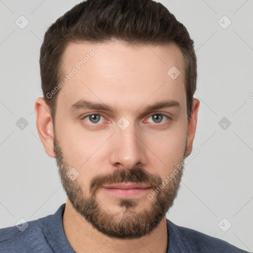 Neutral white young-adult male with short  brown hair and brown eyes