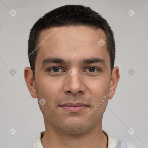 Neutral white young-adult male with short  brown hair and brown eyes