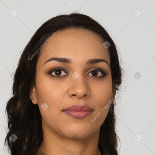 Joyful latino young-adult female with long  brown hair and brown eyes