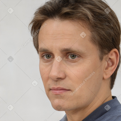 Neutral white adult male with short  brown hair and brown eyes