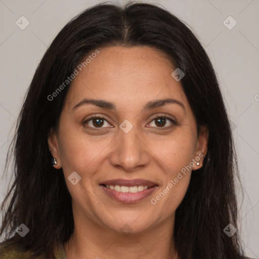 Joyful white adult female with long  brown hair and brown eyes