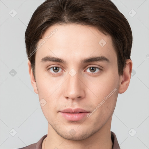 Neutral white young-adult male with short  brown hair and brown eyes