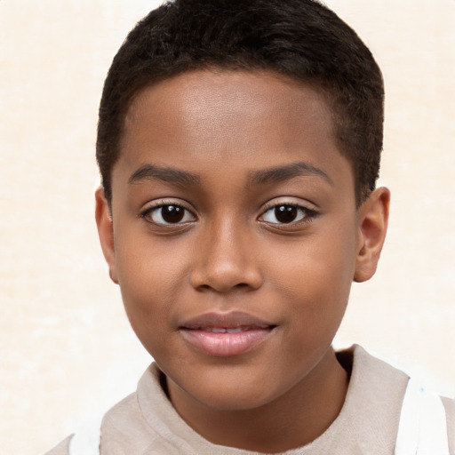 Joyful black child female with short  brown hair and brown eyes