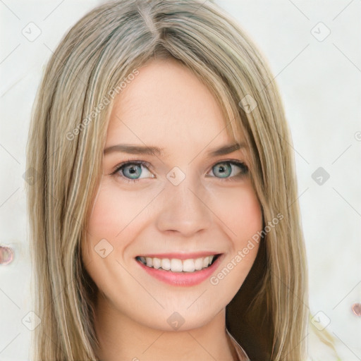 Joyful white young-adult female with long  brown hair and blue eyes