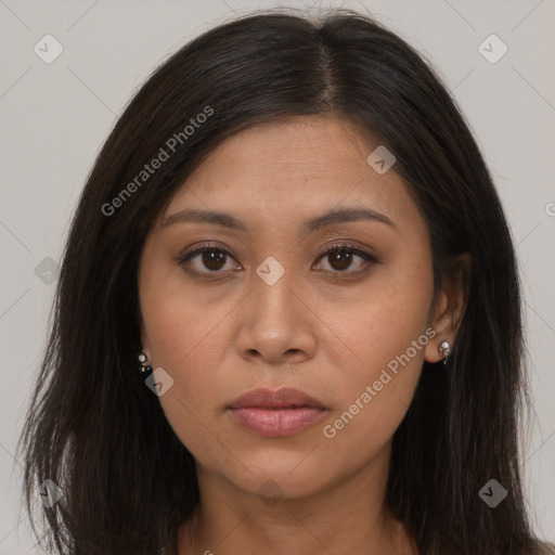 Joyful asian young-adult female with long  brown hair and brown eyes