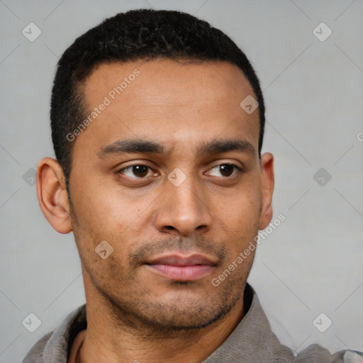 Neutral latino young-adult male with short  black hair and brown eyes