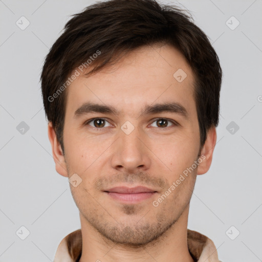 Joyful white young-adult male with short  brown hair and brown eyes