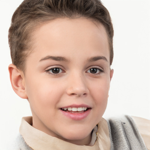 Joyful white child female with short  brown hair and brown eyes