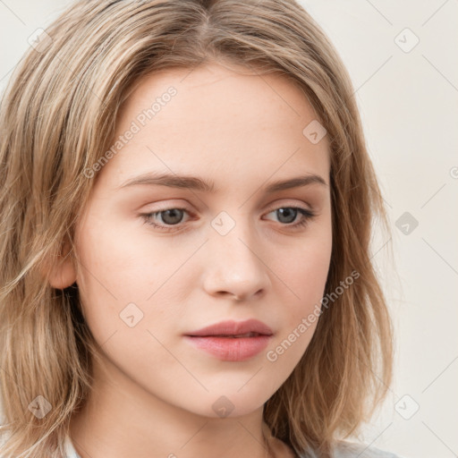 Neutral white young-adult female with long  brown hair and grey eyes