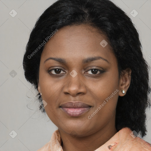 Joyful black young-adult female with medium  black hair and brown eyes