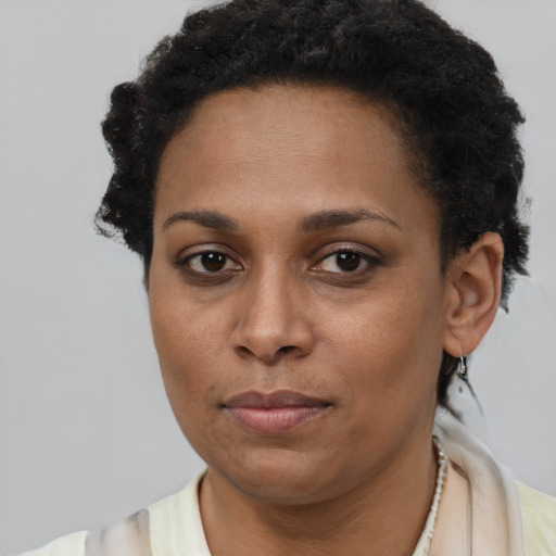 Neutral latino young-adult female with short  black hair and brown eyes