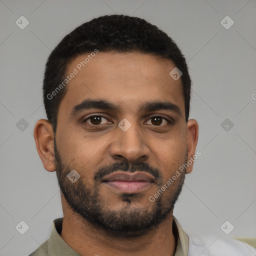 Neutral black young-adult male with short  black hair and brown eyes
