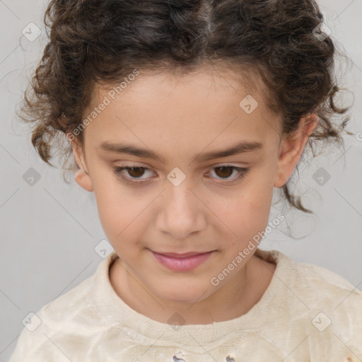 Joyful white child female with short  brown hair and brown eyes