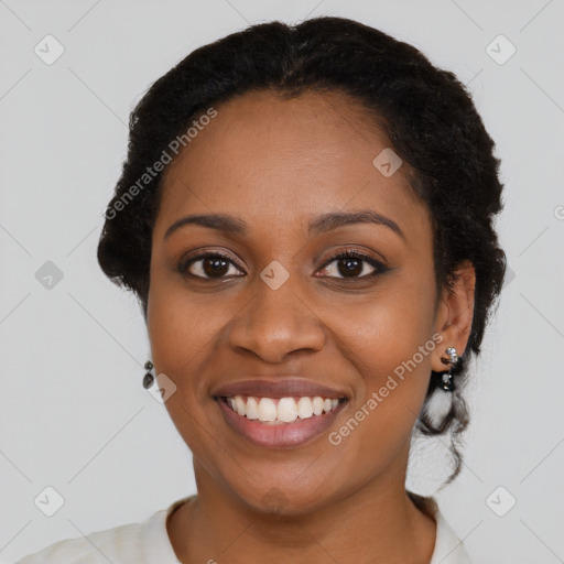 Joyful latino young-adult female with short  black hair and brown eyes