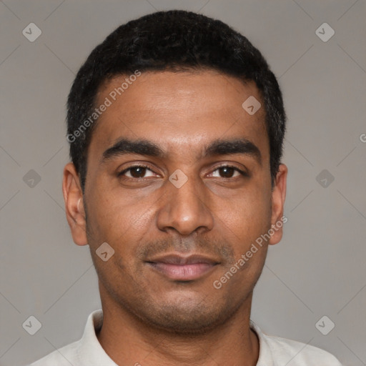 Neutral latino young-adult male with short  black hair and brown eyes