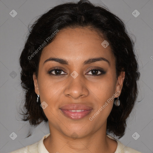 Joyful black young-adult female with medium  brown hair and brown eyes