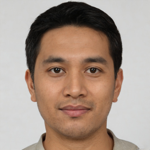 Neutral asian young-adult male with short  black hair and brown eyes