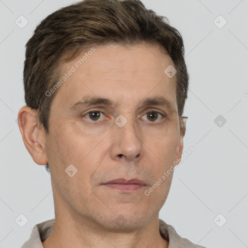 Neutral white adult male with short  brown hair and brown eyes