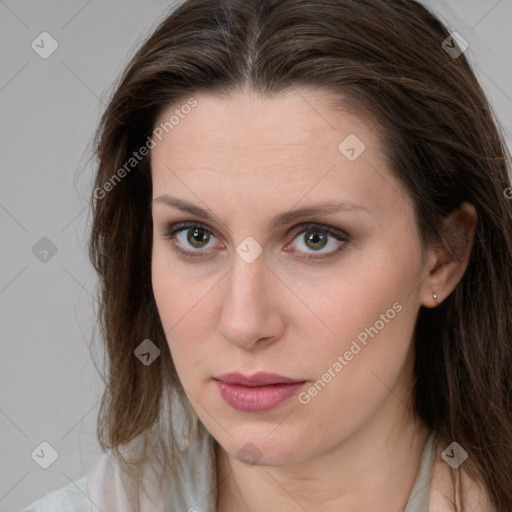 Neutral white young-adult female with medium  brown hair and brown eyes